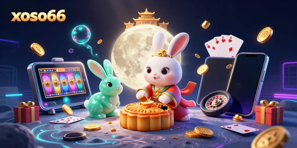 Engage with xoso66 as the moon rabbit reveals poker chips from mooncakes in a dynamic casino scene.