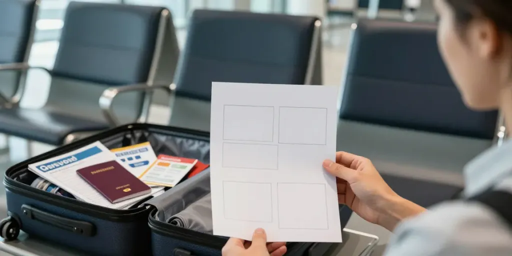 Travelling to uae with medicine, traveler reviewing medication requirements in airport lounge.