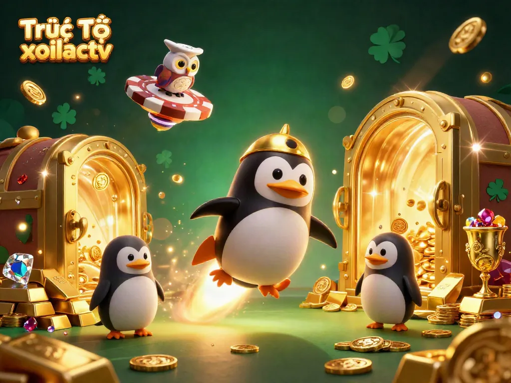 Experience Trực Tiếp xoilactv with a golden penguin in a vibrant casino space adventure.