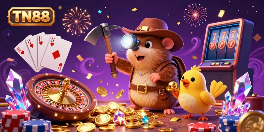 Treasure hunter mole mining golden gems at TN88 online casino, surrounded by coins and vibrant casino elements.