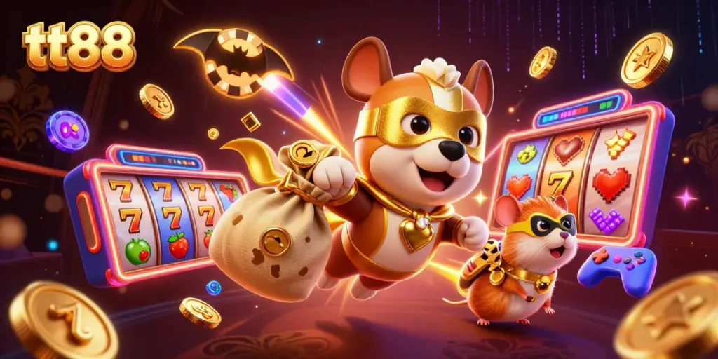 Experience the excitement of tt88 with a superhero dog and a hamster in a lively casino adventure.