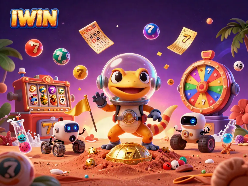 IWIN engages players with vibrant slot games and jackpots, featuring a Martian gecko and a robot in a dynamic casino scene.