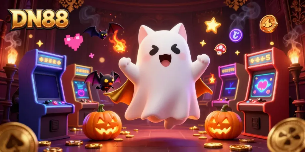 Engage with DN88's vibrant casino experience featuring a ghost cat, vampire bat, and glowing games.