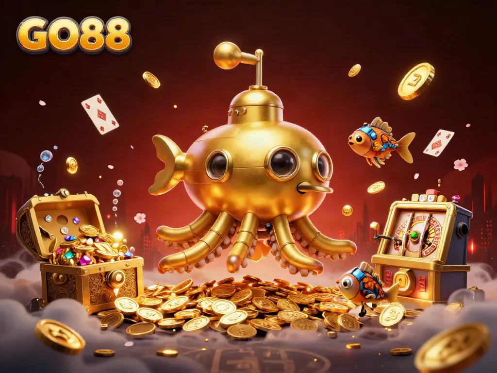Experience the excitement of GO88 with a vibrant underwater scene showcasing a golden kraken submarine amidst treasure and gaming elements.