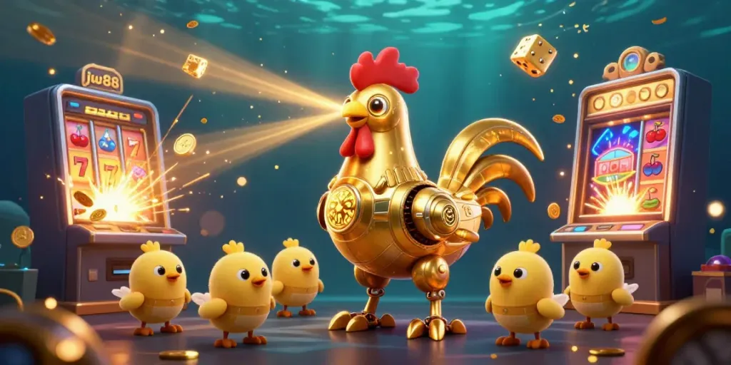 Experience the excitement of jw88 with a dynamic 3D illustration showcasing a golden rooster robot and vibrant casino elements.