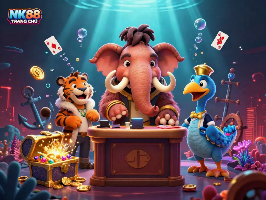 Engage with thrilling gameplay at NK88 TRANG CHỦ featuring a lively casino scene with vibrant characters.