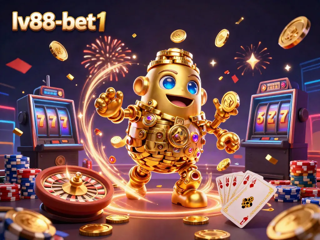 Win big with slots at lv88-bet1, featuring a golden golem surrounded by shimmering coins and casino elements.