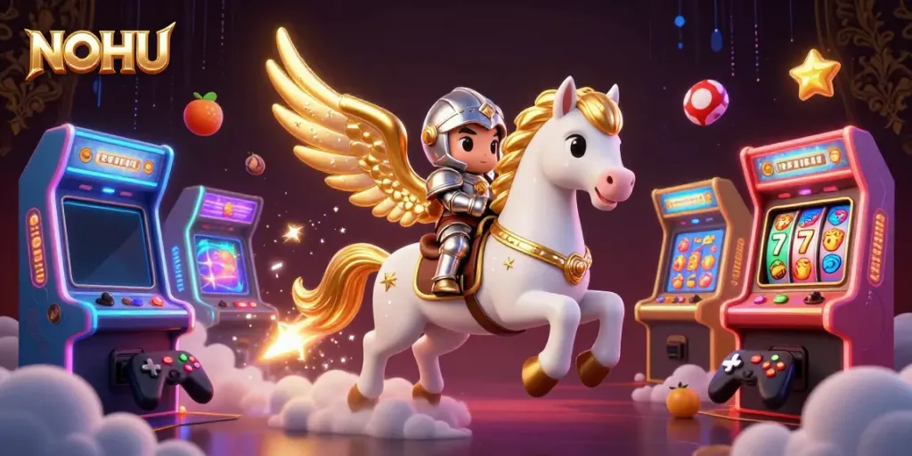 Experience the excitement of NOHU with a celestial horse leading a dynamic casino game scene filled with vibrant slot elements.