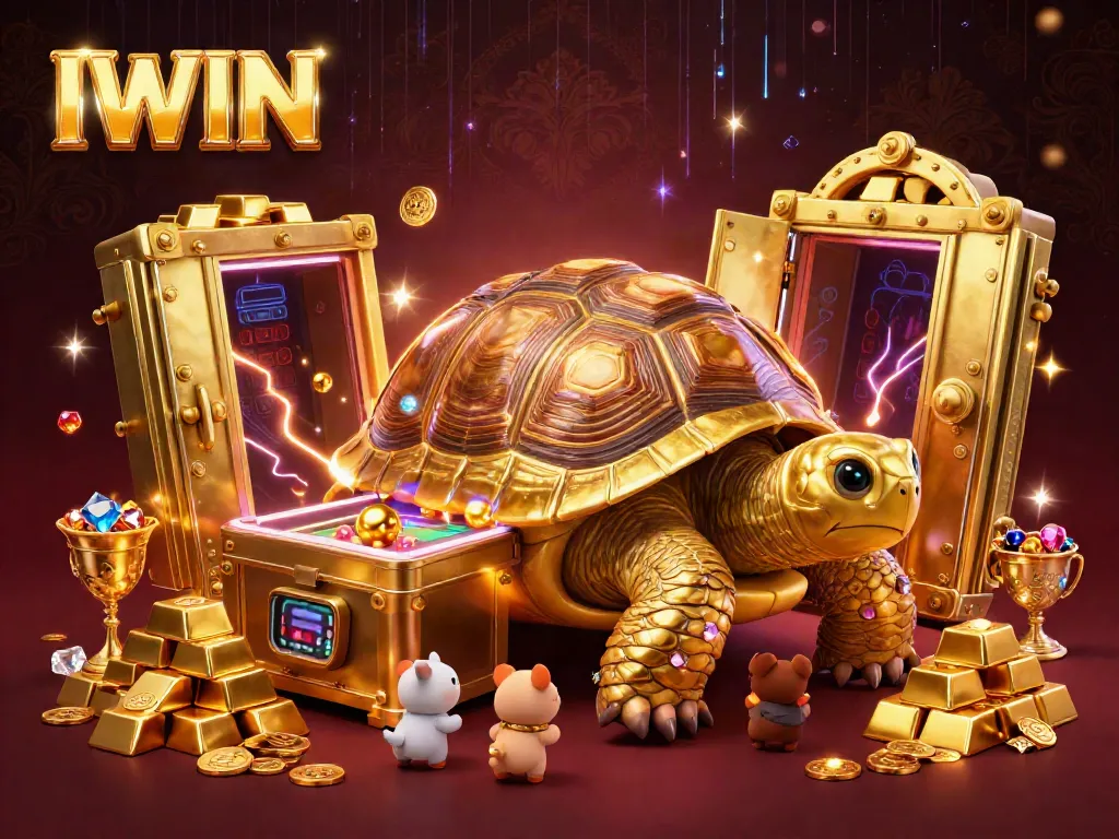 IWIN ignites excitement as small animals play at a colossal tortoise pinball machine amid burst golden treasures.