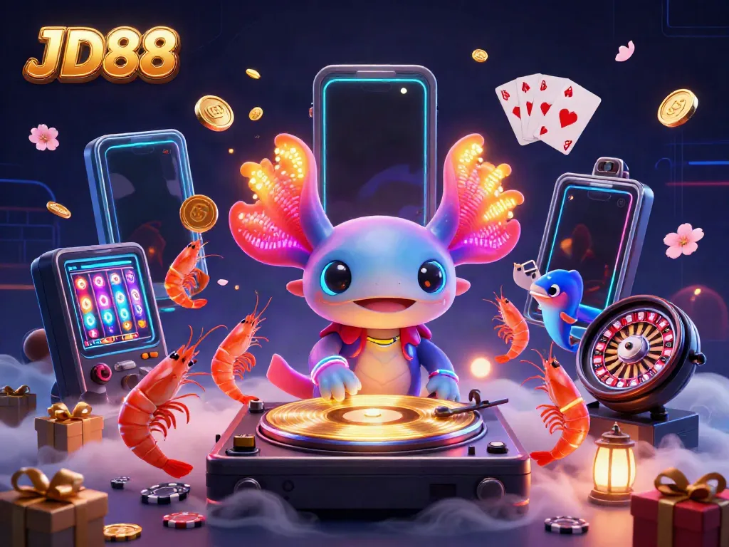Experience excitement at JD88 with a vibrant DJ axolotl and animated casino elements.