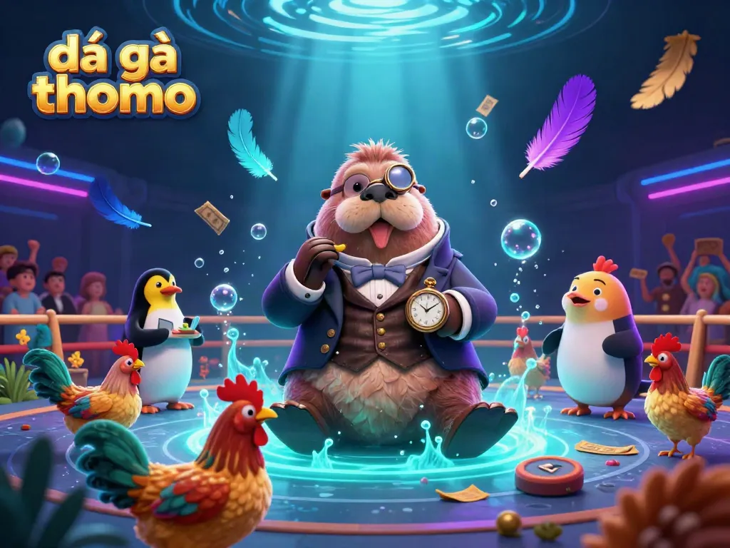 Experience the thrill of đá gà thomo in an underwater cockfighting arena with vibrant characters and dynamic action.