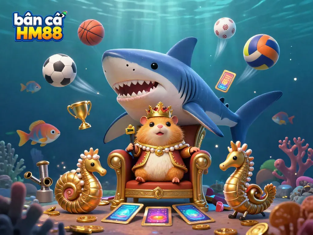 This vibrant scene captures bắn cá HM88 featuring a golden hamster king with sea creature guards amidst dynamic underwater action.