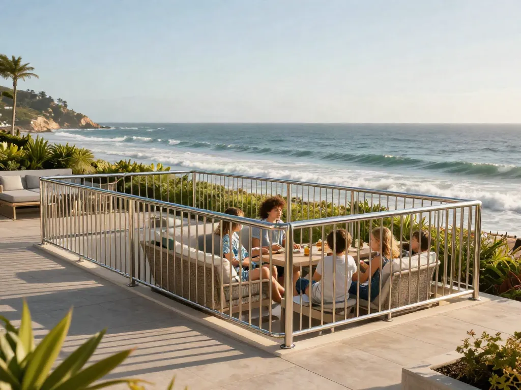 Safety railings on a beautiful terrace overlooking the ocean with a family relaxing, showcasing durability and style.