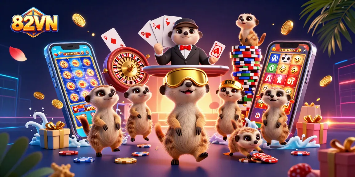 Engage in thrilling action at 82VN casino with colorful slot games and lively meerkats.