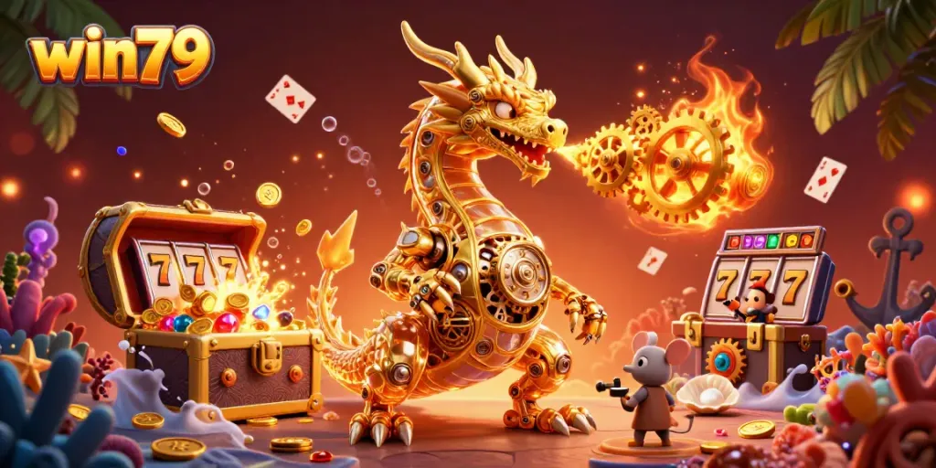 Win79 slot gaming experience with a golden dragon, cogs, and vibrant treasures
