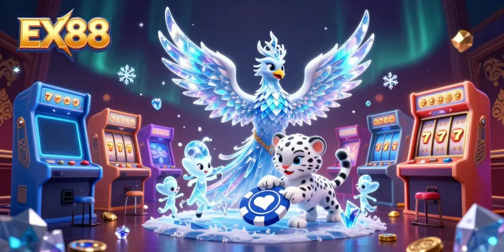 Win big with EX88 in this vibrant 3D casino scene featuring lucky characters and colorful game elements.