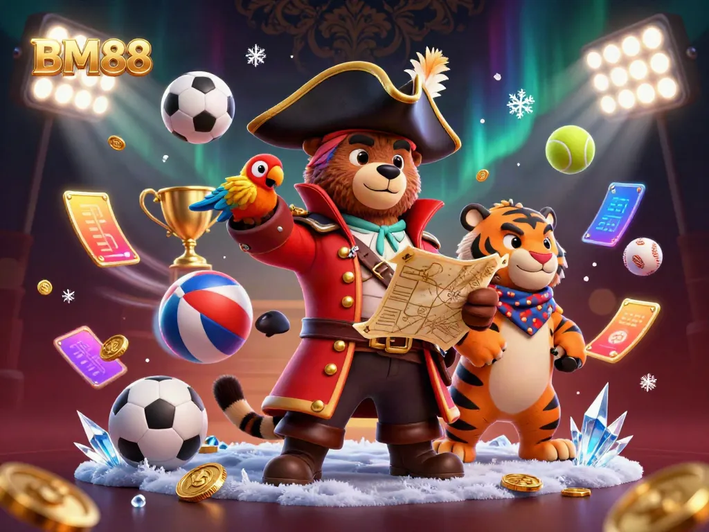 Experience BM88's vibrant casino environment with a 3D pirate bear leading the excitement of online gambling.
