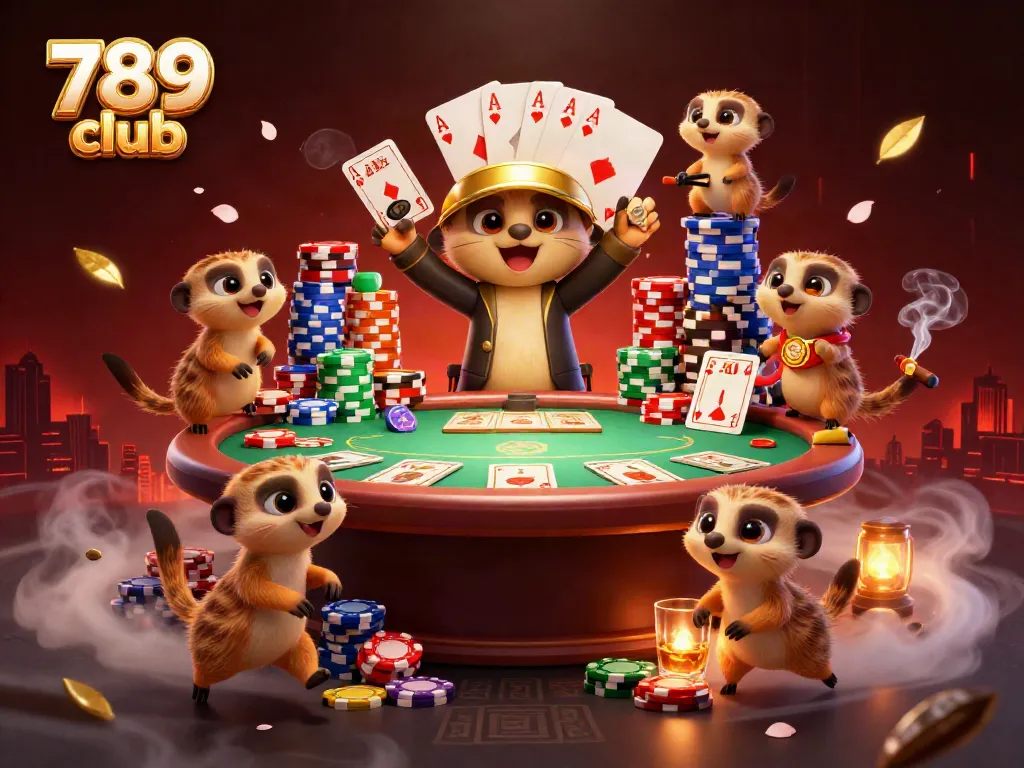 Watch a 3D cartoon meerkat colony operating a casino in this vibrant 789 club illustration.