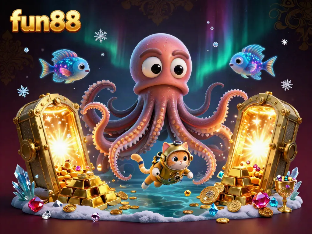 Engage with fun88's vibrant casino themes featuring a colossal kraken and diving cat amidst treasures.