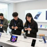 Exploring foldable phones 2026 at a modern tech retail space with diverse users engaging with devices.