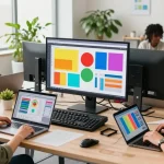 Diverse team working together on a mix board in a modern office environment, showcasing creativity and collaboration.