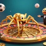 Join the excitement at ao88 with a 3D illustration of a roulette wheel web spun by a golden spider, bursting with dynamic sports betting elements.