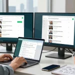 Professional using WhatsApp網頁版 on dual monitors in a modern office workspace.