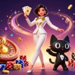 Sut88 engaging in a thrilling casino atmosphere, showcasing vibrant game elements and luxurious characters.