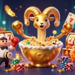 BJ88 showcases a vibrant, energetic illustration featuring a golden ramen bowl and lively characters in a casino scene, emphasizing rich entertainment.