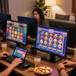 Enthusiastic players enjoying slot gacor games in a cozy home environment.