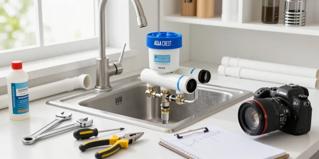 AQUA CREST AP431 AP430SS Whole House Scale Inhibitor installation scene highlighting DIY home improvement efforts.