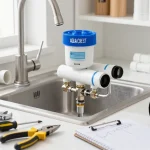 AQUA CREST AP431 AP430SS Whole House Scale Inhibitor installation scene highlighting DIY home improvement efforts.