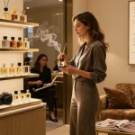 Exploring perfume samples and decants in an elegant boutique filled with beautifully crafted bottles.