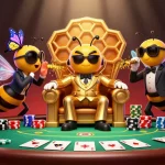 Bet on go8 with a colorful poker scene featuring a bee mob boss and animated casino elements.