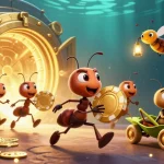 Ev88 team of ants heist scene with a golden poker chip, showcasing an engaging casino atmosphere.