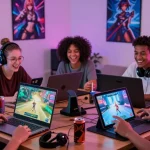 Enjoying a free hentai game on multiple devices in a vibrant gaming room with excitement and neon lighting.