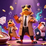 Experience the fun filled scene at Link nhà cái Hitclub with three raptors entering a casino venue.