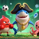 7mcn sports betting scene with a cheerful shark, angry pufferfish, and treasure-holding octopus.
