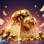 Spin and win with UK88, featuring a bustling casino scene of golden beetles and vibrant lottery elements.