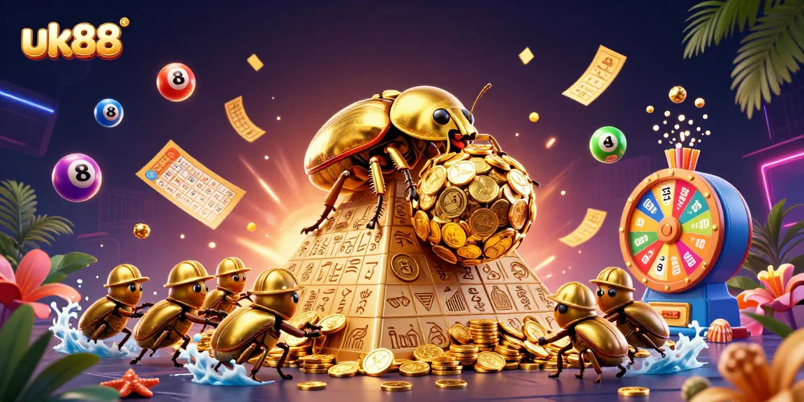 Spin and win with UK88, featuring a bustling casino scene of golden beetles and vibrant lottery elements.