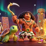 Experience the excitement of Net88 in a vibrant casino-themed illustration with a demigod and treasures.