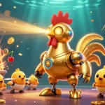 Join the excitement at vipwin with a lively casino scene featuring a golden rooster robot and game elements!