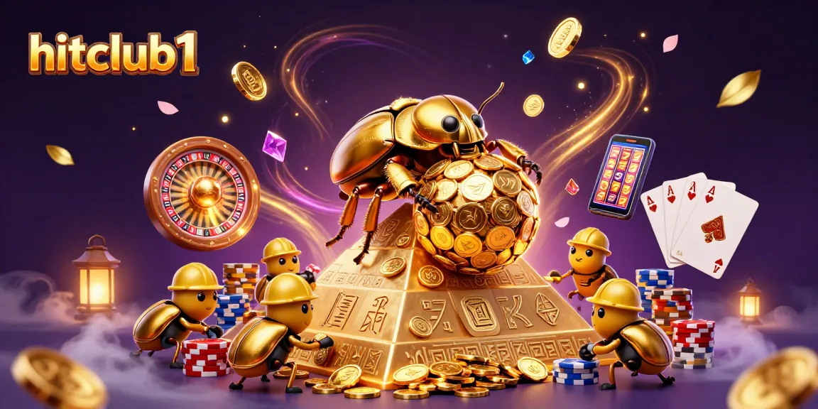 Engage with hitclub1's thrilling casino experience featuring vibrant golden coins and lively beetles.