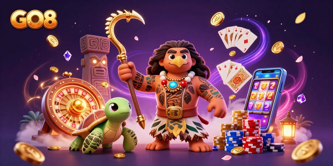 Experience thrilling luck at GO8 with a dazzling 3D casino scene featuring a hawk demigod and vibrant gaming elements.
