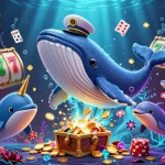 Experience excitement with pg soft's playful cartoon scene featuring vibrant whales and dolphins amidst slot game elements.
