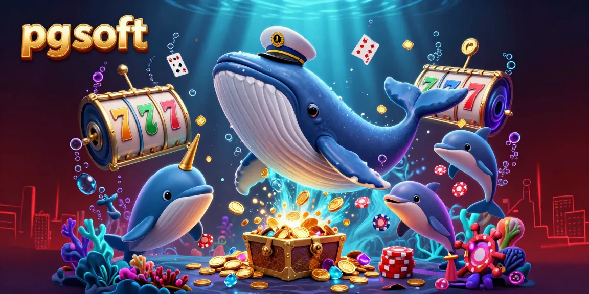 Experience excitement with pg soft's playful cartoon scene featuring vibrant whales and dolphins amidst slot game elements.
