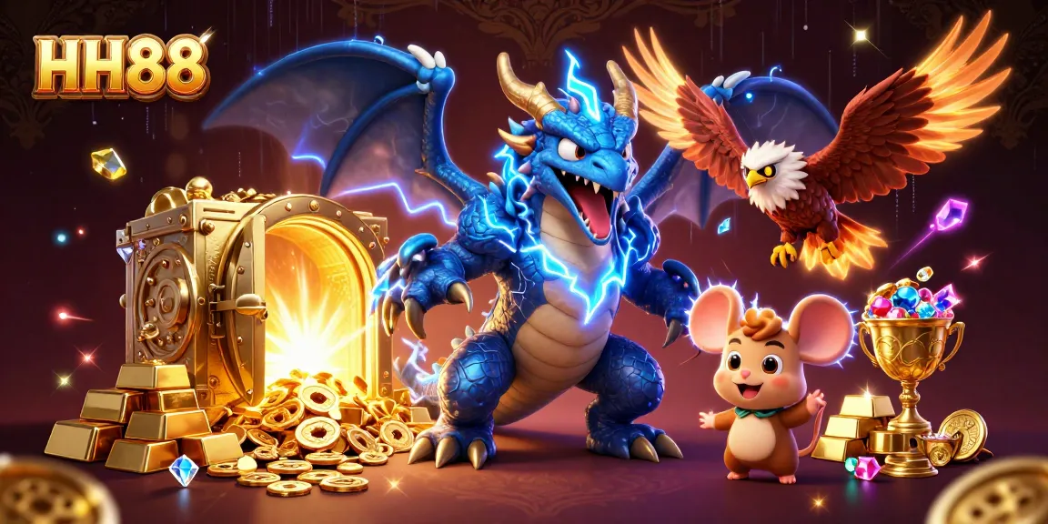 Engage with the thrill of winning at HH88, featuring dynamic casino characters and golden treasures.