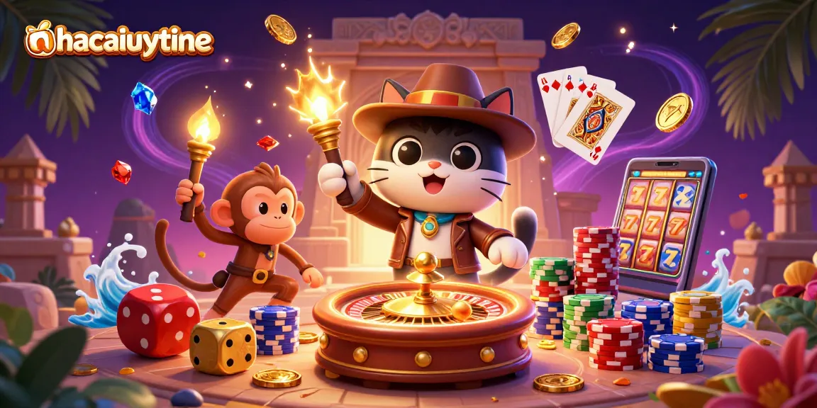 nhacaiuytinne showcases an adventurous cat exploring a golden casino treasure amidst dazzling gambling elements.
