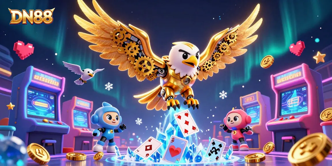 Dive into action at DN88 with a cybernetic eagle soaring through vibrant casino elements amid breathtaking visuals.