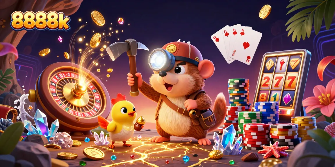 Experience thrilling gaming with 8888k's vibrant treasure hunt scene full of gold and gems.